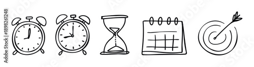 Simple black outline icons representing time management, featuring alarm clocks, an hourglass, a calendar, and a target, ideal for illustrating planning, scheduling, and deadline concepts.