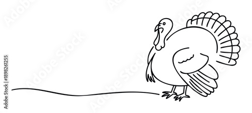 A simple black line drawing of a turkey with fanned tail feathers, perfect for Thanksgiving holiday greetings, seasonal promotions, or educational materials about poultry.