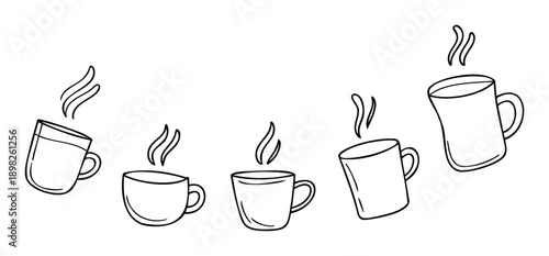 Hand drawn doodle style outline collection of hot beverage cups and mugs with steam for cafe menus, blog graphics, or cozy drink promotions