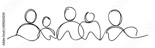 Continuous line drawing of five abstract figures representing unity, teamwork, and social connection, ideal for community engagement campaigns, business collaboration presentations, and