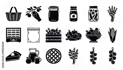 Comprehensive collection of harvest season and food preservation icons perfect for agricultural marketing, farmtotable menus, and homemade recipe applications