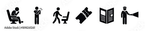 Practical collection of black flat icons representing common cinema and event scenarios such as audience discomfort, seating, torn tickets, programs, and usher assistance for various