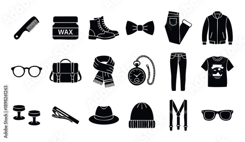 Collection of essential masculine grooming products, stylish clothing garments, and classic accessories for a comprehensive mens wardrobe display, perfect for lifestyle blogs or retail