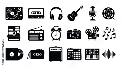 A curated collection of iconic audio visual and media technology symbols featuring turntables, cassette tapes, headphones, guitars, cameras, microphones, and sound waves, suitable for