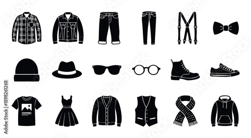 A comprehensive collection of iconic clothing and essential accessories for diverse wardrobe compositions and stylistic expressions suitable for various graphic projects.