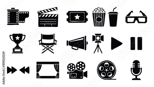 Comprehensive collection of movie and cinema icons for filmmaking projects, entertainment industry applications, or media production web and print graphic assets.