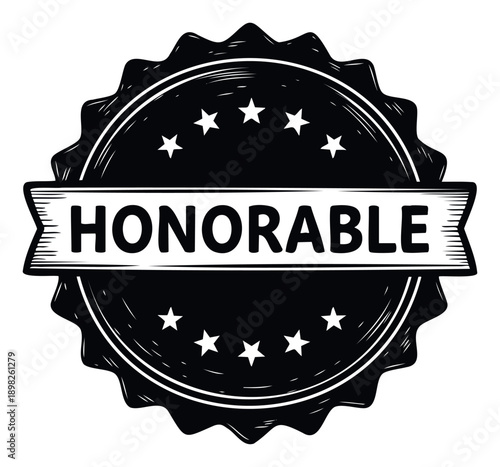 Black and white honorable round seal badge with stars and ribbon banner perfect for product labeling, quality certification, or recognition in a vintage style.