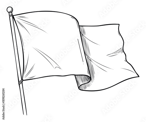Handdrawn white flag waving on a pole, symbolizing peace, truce, or a fresh start, suitable as a graphic resource for various communication and design projects.