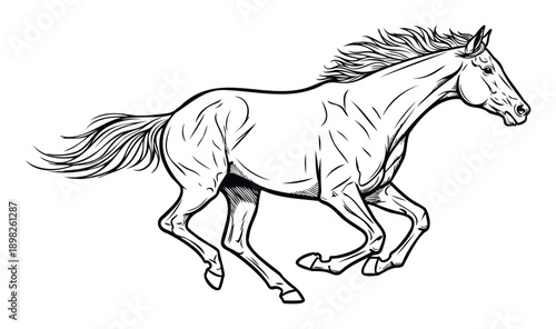 Dynamic running horse graphic depicting power and speed for equestrian branding, sports emblems, animal welfare logos, or apparel designs requiring a strong animal motif.