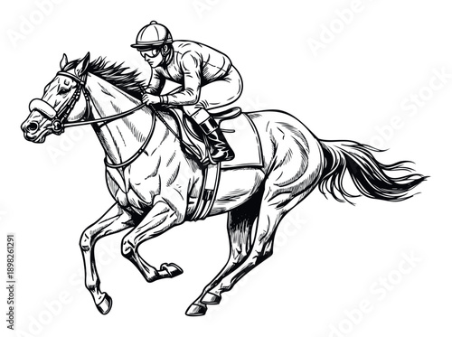 Dynamic line drawing of a jockey expertly riding a powerful racing horse at full gallop on a track for sports event promotions and equestrian themed publications