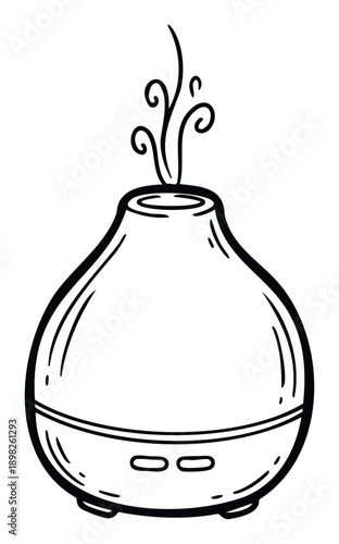 Stylized black outline drawing of an ultrasonic aroma diffuser releasing a fragrant vapor, ideal for health, wellness, and home environment projects or products.