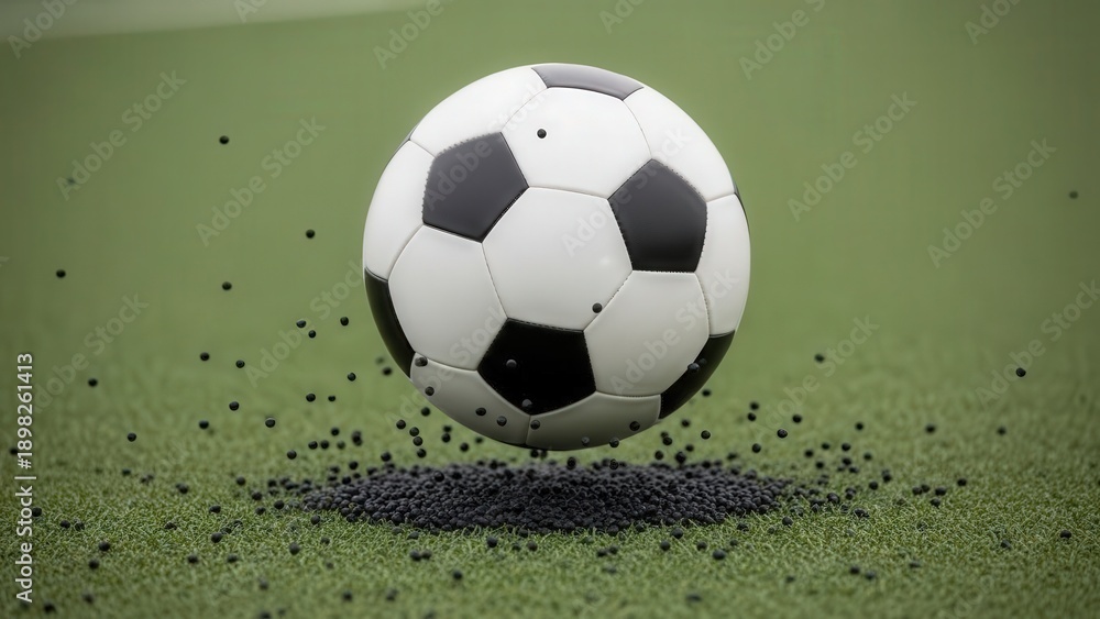 Naklejka premium Dynamic Soccer Ball in Mid-Flight on Green Pitch with Falling Turf Particles