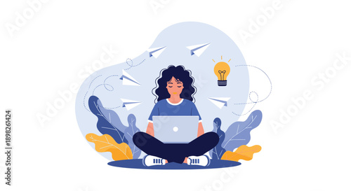 Creative young woman sitting with a laptop surrounded by paper airplanes and a lightbulb representing ideas innovation and freelance work.