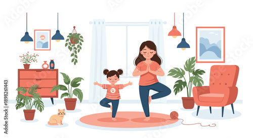 Mother and daughter doing yoga together in the tree pose in a beautifully decorated living room illustrating family health and wellness.