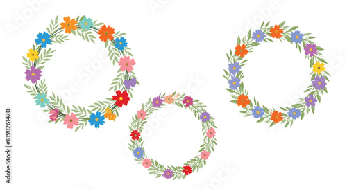 Set of three beautiful floral wreaths made with colorful flowers and green leaves creating elegant circular frames for invitations.