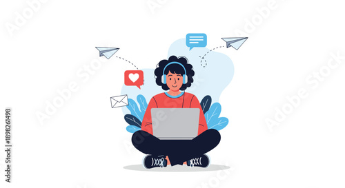 Young person with headphones working on a laptop while engaging with social media and email illustrating digital communication and freelance.