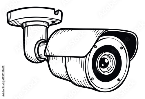 A hand drawn sketch of a modern bullet style security camera mounted for surveillance, perfect for illustrating safety concepts, home monitoring systems, or business protection equipment on