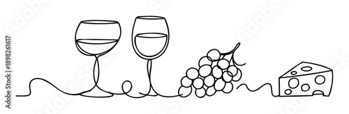 Minimalist single line drawing featuring two wine glasses, a bunch of grapes, and a slice of cheese for sophisticated winery branding or elegant restaurant menu designs.