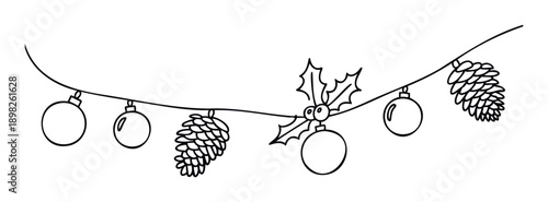 Classic outline holiday string with diverse seasonal ornaments like pinecones and holly, perfect for winter festive greeting materials and celebration event promotions.