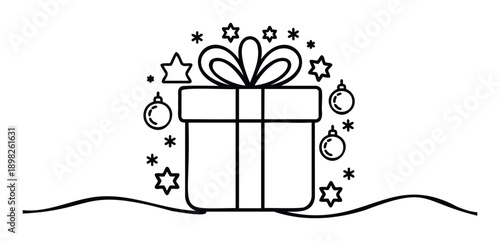 Simple outline drawing of a festive Christmas gift box with a bow, surrounded by various stars, snowflakes, and round ornaments, ideal for winter holiday greetings and celebration graphics.