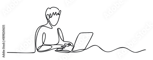 A continuous single line drawing of a person focused on working with a laptop, symbolizing remote productivity and technological connection, perfect for business and communication platforms.