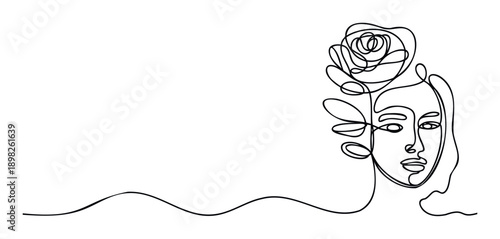 Elegant minimalist one line drawing of a womans face with a rose and leaves, suitable for modern branding, beauty product packaging, feminine lifestyle blogs, or decorative wall art.