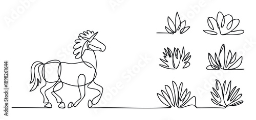 Unicorn and various stylized plant elements rendered in a continuous single line drawing ideal for minimal branding, childrens book layouts, or graphic apparel designs