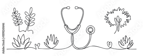 Continuous line drawing of a stethoscope intertwined with botanical leaves and a heart symbol representing natural healthcare and holistic medical care for wellness concepts