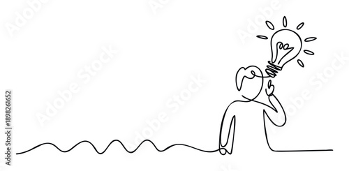 Single continuous line drawing depicting a thinking person with a glowing light bulb symbolizing a new idea or inspiration, perfect for business presentations, educational materials, or