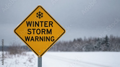 Winter storm warning sign on a snowy rural road during inclement weather conditions and a cold environment
