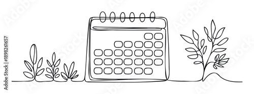 Continuous line drawing of a spiralbound desk calendar surrounded by stylized growing plants, symbolizing planning and growth, ideal for concepts related to scheduling, environmental
