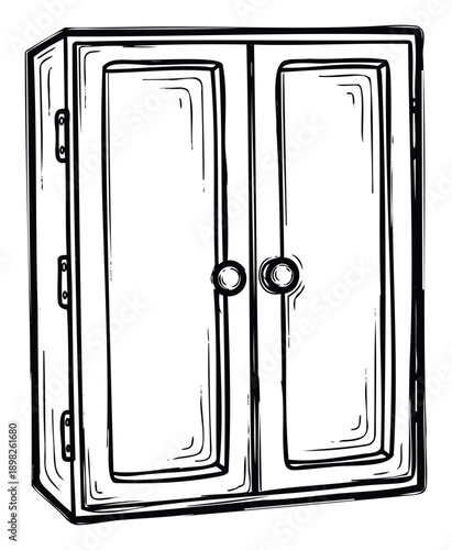 Simple black outline drawing of a kitchen cabinet with two doors and round handles, perfect for home decor, storage solutions, or furniture design projects