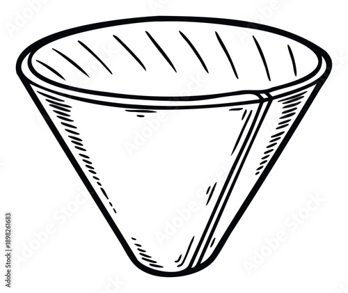 Handdrawn black and white sketch of a conical paper coffee filter, perfect for use in beverage industry graphics, kitchenware advertising, or cafethemed visual content.