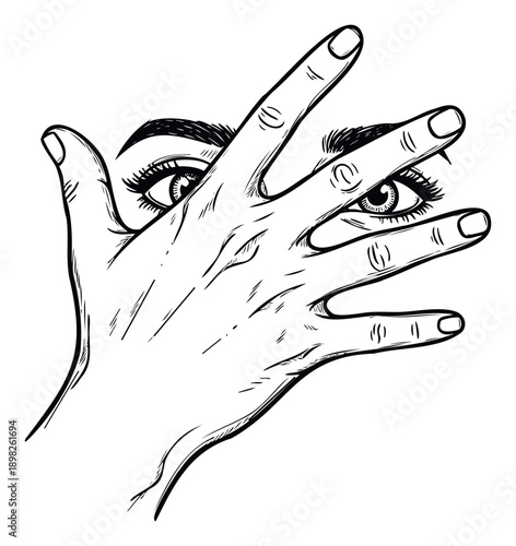 A captivating black and white graphic illustration featuring a human hand playfully covering eyes while peeking through fingers, ideal for conceptual visual campaigns or emotive