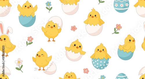 Adorable Easter seamless pattern with cute yellow baby chicks hatching from colorful eggs and wearing bunny ears on a white background.