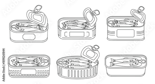 Collection of six different open tin cans with sardines illustrated in a simple black and white outline doodle style on a white background.