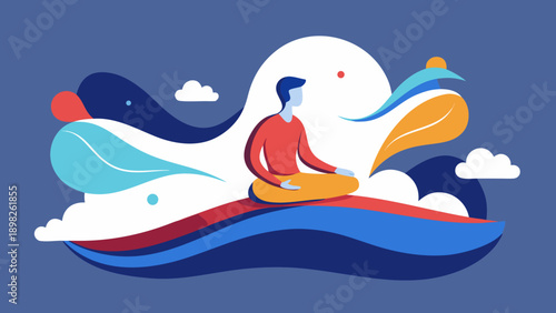 Man meditating in abstract landscape with colorful shapes symbolizing inner peace, mindfulness and mental balance in modern flat style