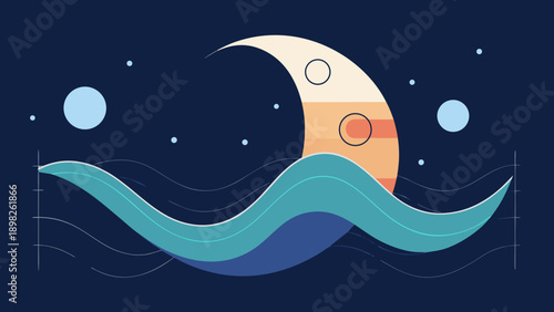 Abstract moon and waves illustration with geometric shapes and starry night sky representing calm, dream and imagination