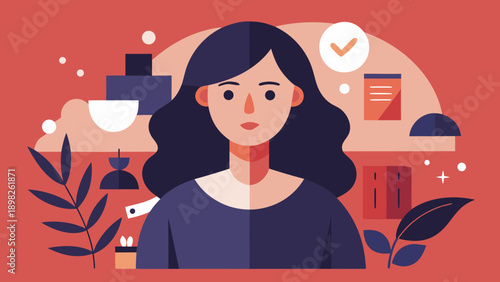 Woman with dark hair in cozy home interior surrounded by self-care elements representing wellness, balance and daily routine