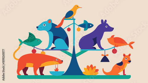 Colorful abstract animals balanced on scales representing biodiversity, harmony and ecosystem balance in modern flat style
