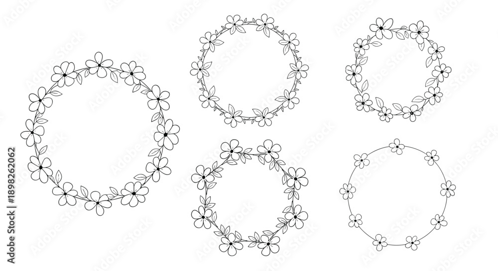 Obraz premium Collection of five beautiful hand drawn floral wreaths and frames made with simple flowers and leaves in a black outline style.