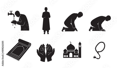 Islamic Prayer Icons: Ablution, Standing, Kneeling, Prostration, Rug, Hands, Mosque, Beads