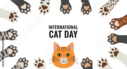 International cat day greeting card design featuring a cute cat face and a frame made of different colored cat paws and pads.
