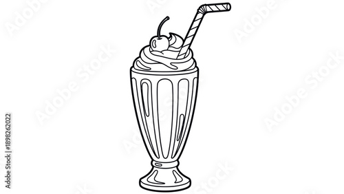 Sweet refreshing milkshake dessert beverage with whipped cream and cherry in a classic tall glass served with a striped straw perfect for menus cafe posters and coloring books