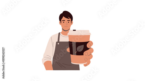 Friendly young man in an apron offering a refreshing takeaway beverage in a disposable cup with a sustainable leaf logo perfect for cafe and restaurant promotions