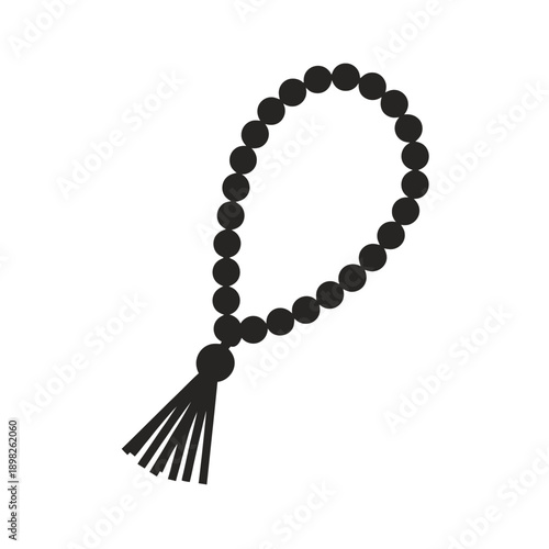 A black beaded necklace with a tassel on a white background