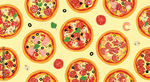 Seamless food pattern with different types of delicious pizza and fresh ingredients on a bright yellow background for restaurant decor.