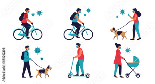 People wearing protective face masks during the coronavirus pandemic while enjoying outdoor activities like cycling and walking.