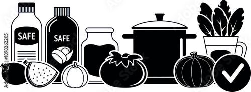 A comprehensive black and white collection of cooking essentials and fresh produce like vegetables, fruits, and safe ingredient bottles for food preparation and healthy lifestyle concepts.