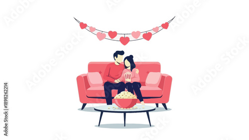 Romantic couple enjoying a cozy movie night at home on a pink sofa with popcorn, perfect for illustrating themes of love, relaxation, and togetherness in lifestyle content